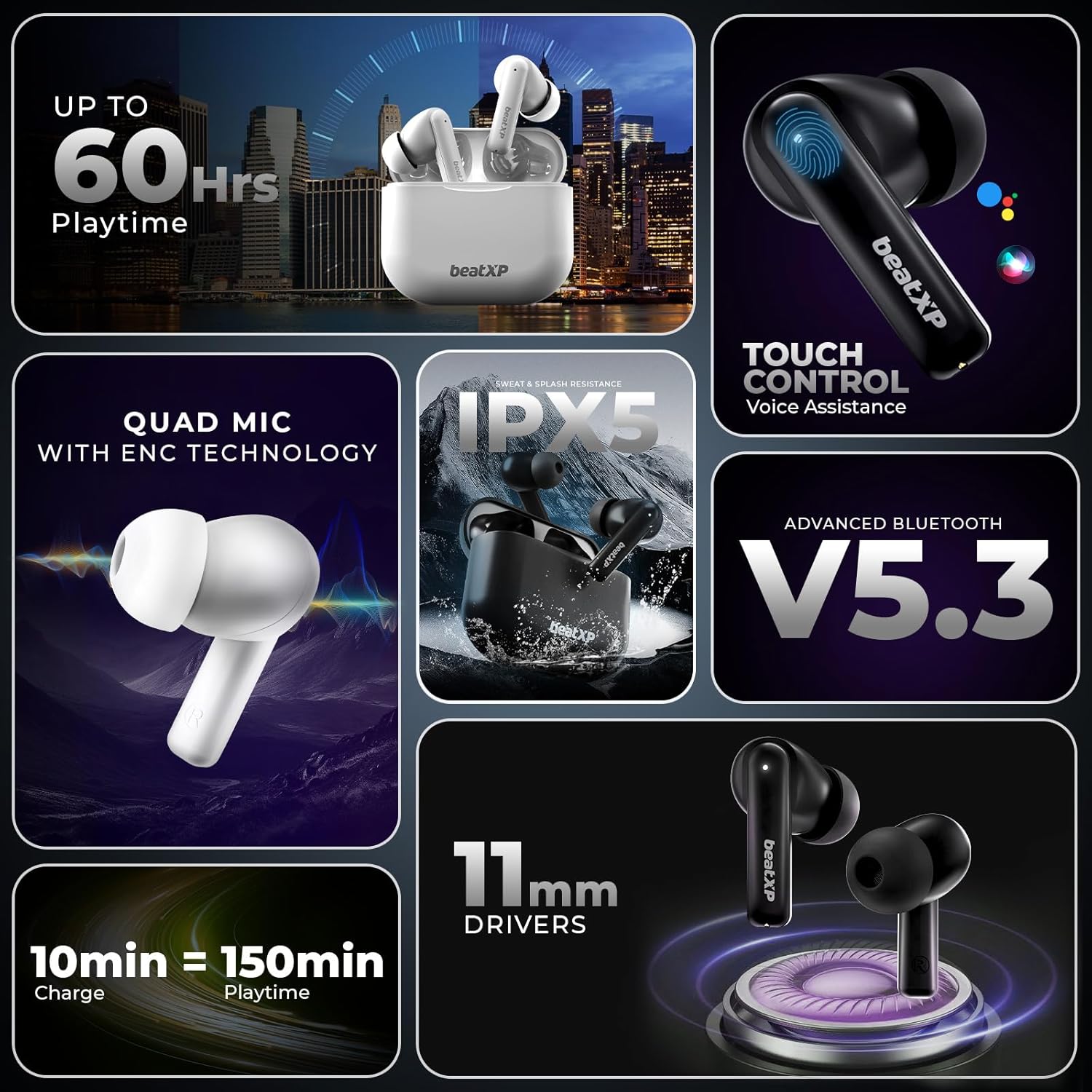 beatXP Vibe XPods Bluetooth True Wireless Ear buds with 60H Playtime, Quad Mic ENC, Gaming Mode with 40ms low latency, Type C earphone with 11mm drivers, IPX5, BT 5.3, Touch Control (Black)