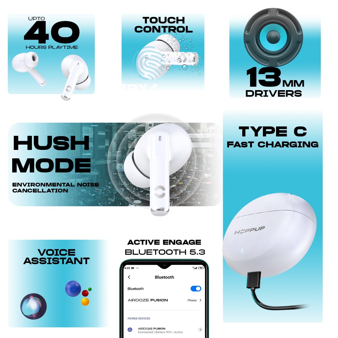HOPPUP AirDoze Fusion Earbuds with 40 Hours Playtime| 40ms Low Latency Gaming Mode| 13mm Dynamic Driver| Bluetooth 5.3 Technology| Type-c Fast Charging| White Color for Music, Gaming, Gym, Travel