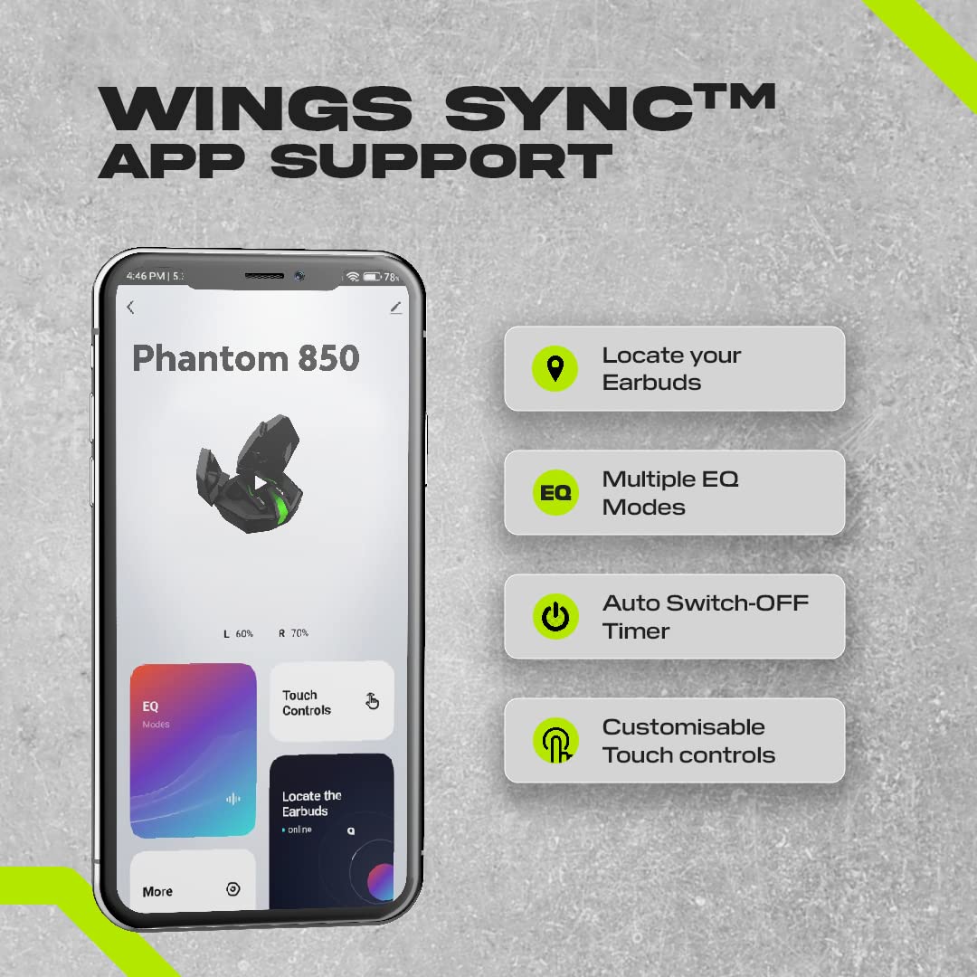 Wings Phantom 850 Low Latency Wireless Earbuds, Bluetooth Headphones with App Support, Split Cover Gaming Case with LED Lights, 50 Hours Playtime,Quad ENC Mic, Touch Controls TWS in Ear Headsets