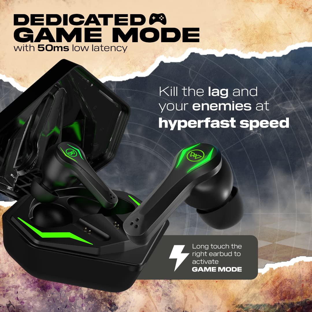 Wings Phantom Pro Earphones Gaming in Ear Earbuds with Led Battery Indicator,50Ms Low Latency,Bluetooth 5.3,40 Hours Playtime,Mems Mic,Ipx4 Resist,12Mm Driver,500Mah Case,Headphones,(Black TWS)