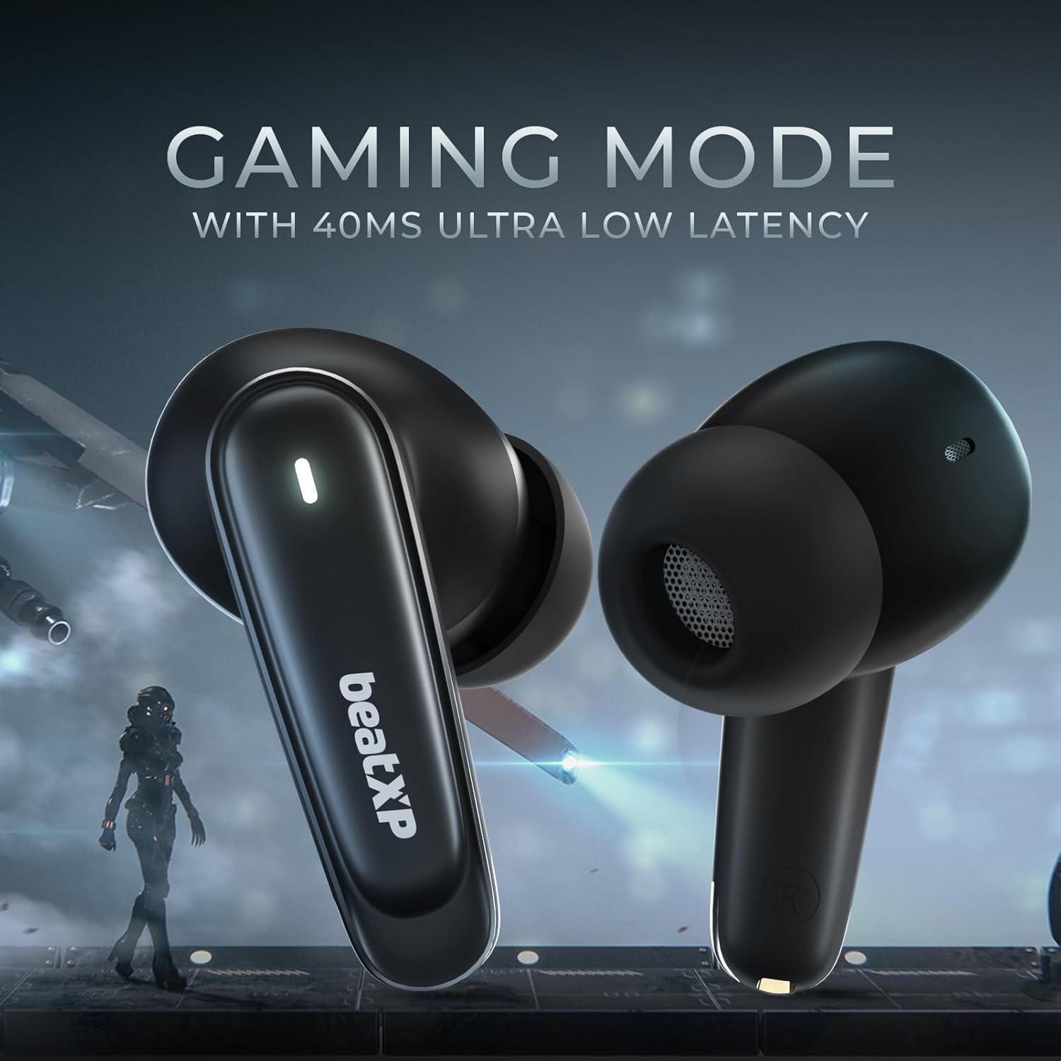 beatXP Wave XPods Bluetooth True Wireless ear buds with 50H Playtime, Quad Mic ENC Tech, 40ms Low Latency Mode for Gaming, type C earphone with 11mm drivers, IPX5, BT v5.3, Touch Control (Black)