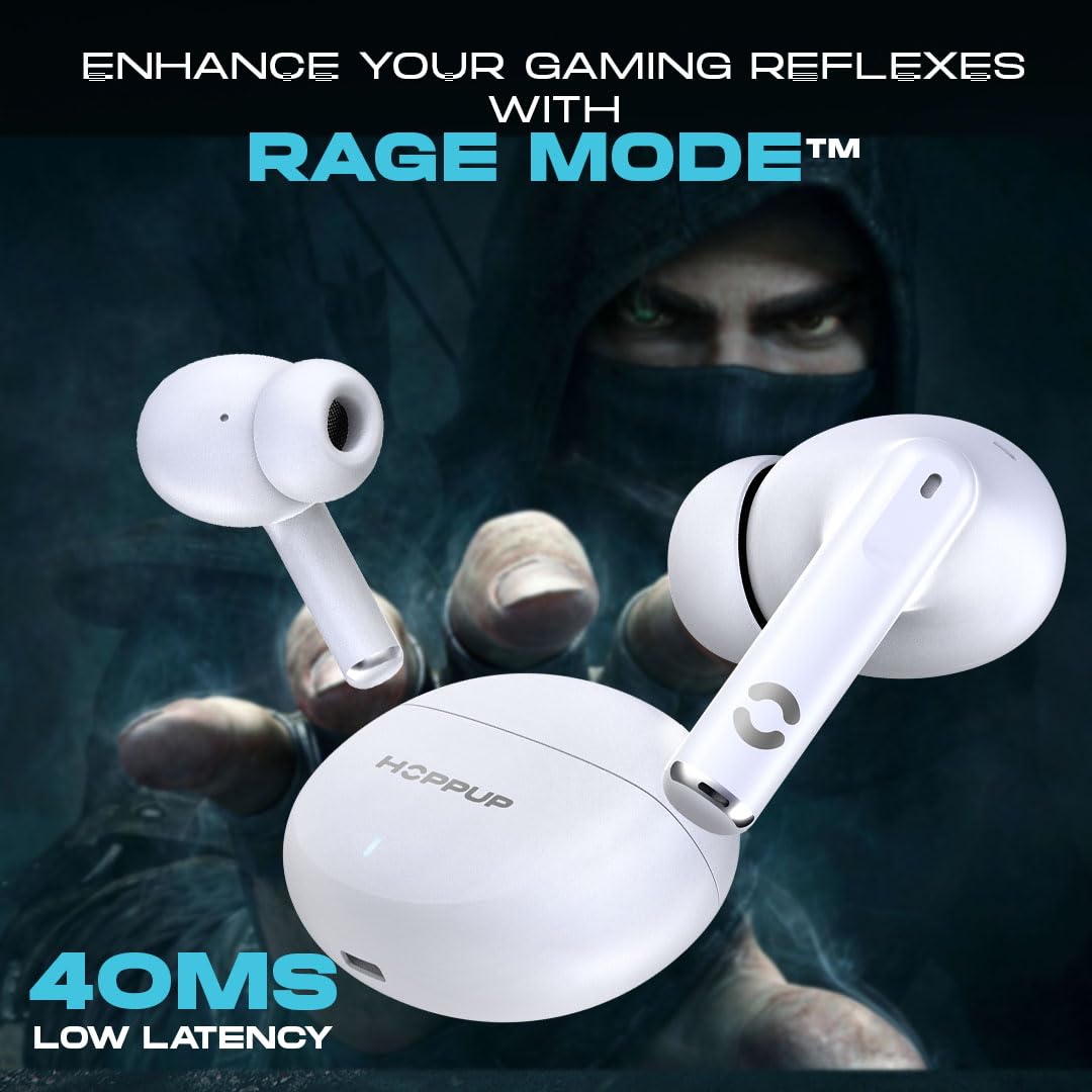 HOPPUP AirDoze Fusion Earbuds with 40 Hours Playtime| 40ms Low Latency Gaming Mode| 13mm Dynamic Driver| Bluetooth 5.3 Technology| Type-c Fast Charging| White Color for Music, Gaming, Gym, Travel