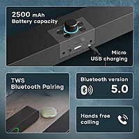 Wings Centerstage 120, 16W Soundbar, with 5.0 Bluetooth, 6.5 Hours Playtime and 2500mAh Battery Capacity, LED Lights Wireless Speaker Wings Centerstage 120, 16W Soundbar, with 5.0 Bluetooth, 6.5 Hours Playtime and 2500mAh Battery Capacity, LED Lights Wireless Speaker