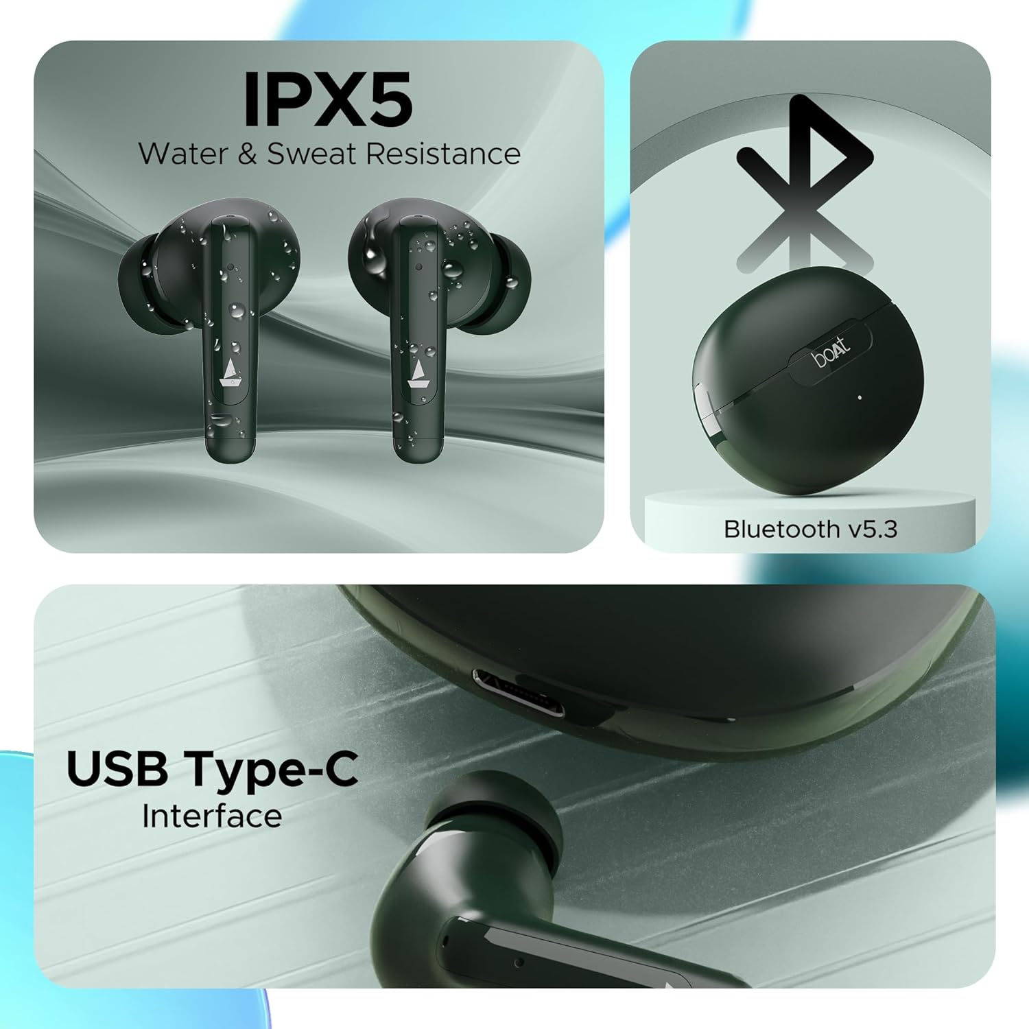 boAt Airdopes 161 ANC TWS Earbuds w/ 32 dB ANC, 50 hrs Playback, 50 ms Low Latency BEASTTM Mode, IWPTM Tech, Dual EQ Modes, 4 Mics with ENx, ASAP Charge, Bluetooth v5.3(Green)