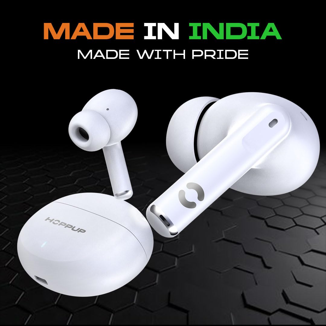 HOPPUP AirDoze Fusion Earbuds with 40 Hours Playtime| 40ms Low Latency Gaming Mode| 13mm Dynamic Driver| Bluetooth 5.3 Technology| Type-c Fast Charging| White Color for Music, Gaming, Gym, Travel